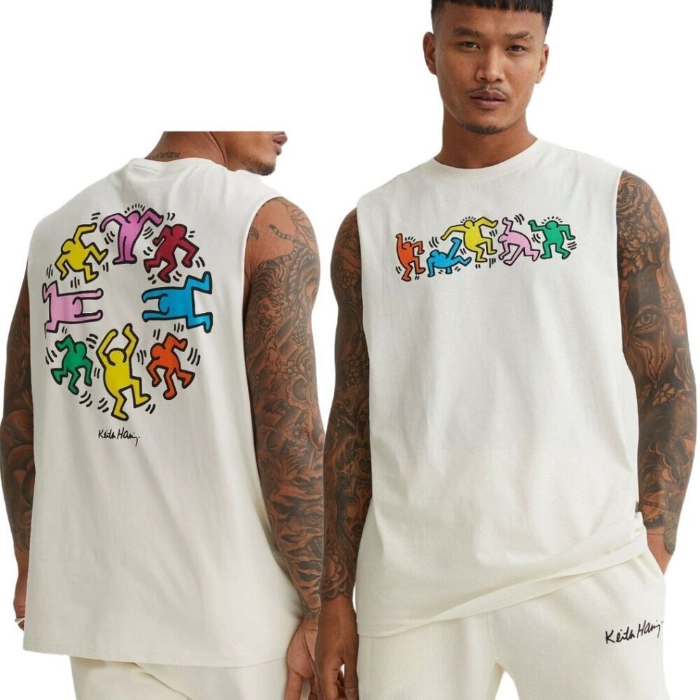 KEITH HARING‎ x H+M 'Dancing Men' Men's Tank Top 2-Sided Graphic T-Shirt men XL